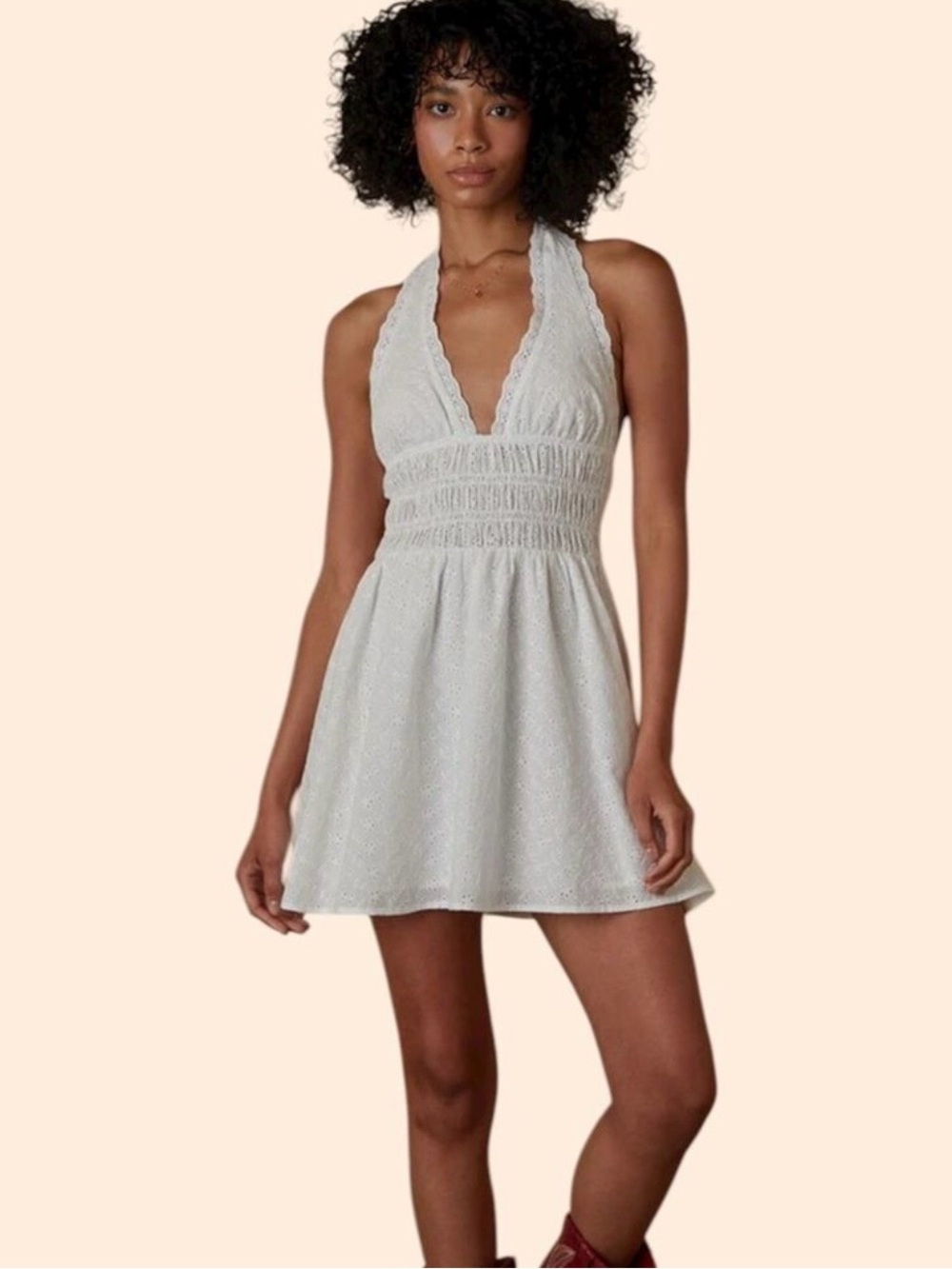 White Halter Mini Dress with Smocked Waist